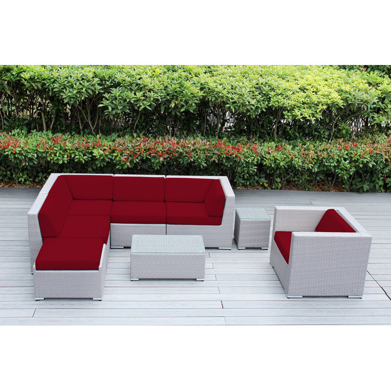Ensemble de conversation en osier pour 6 personnes avec coussins - aucun assemblage, Brun foncé, Supercrylic rouge