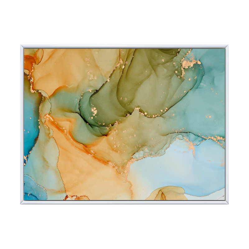 «Brown and Blue Luxury Abstract Fluid Art II», reproduction sur toile, H 12 po x l 20 po, Cadre flottant blanc