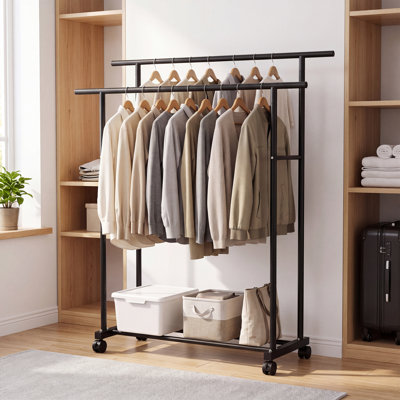 Double Rod Garment Rack with Storage Shelf, Rolling Clothes Rack, Freestanding Clothing Rack with 2 Hanging Rods & 4 Casters, Closet Organizer for Bedroom, Closet, Laundry Room & Entryway