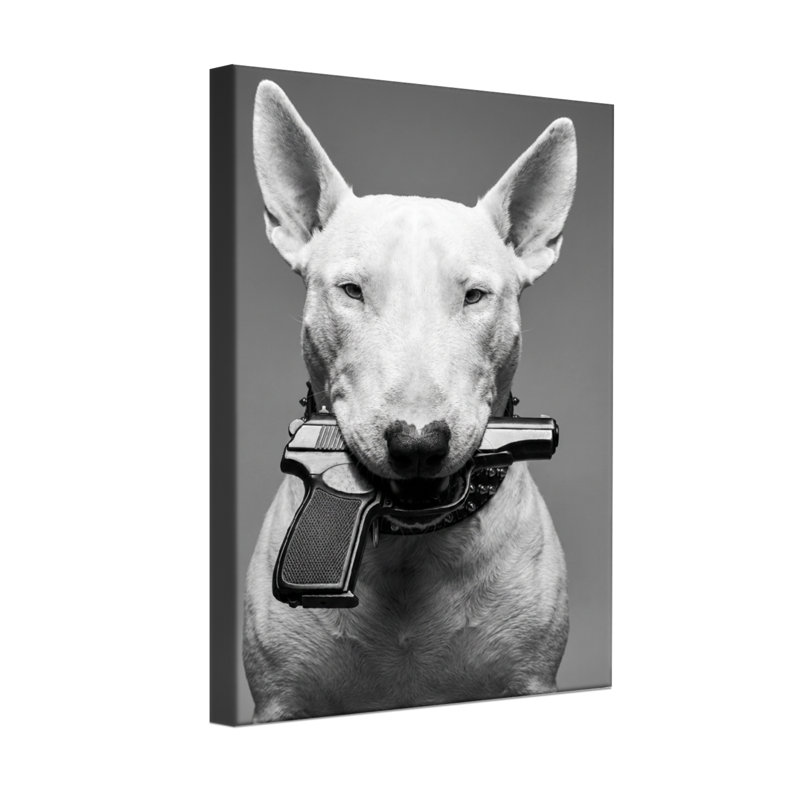 Animaux, chien tenant un pistolet dans la bouche, noir et blanc, H 36 po x l 24 po