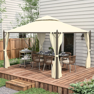 Pavillon de jardin pour patio. 10 pi x 12 pi, fabrication en acier, rideaux d'intimité. Beige 12 pi avec double auvent. Cadre, aménagement extérieur fonctionnel.