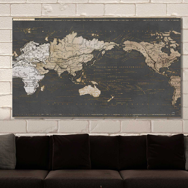 " World Map In Gold And Gray ", 24" H x 40" W, Wrapped Canvas, No Frame