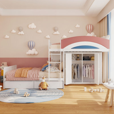 Offset Bunk Bed With Wardrobe & Drawers, Upholstered Guardrail, Built-In Hanging Rod