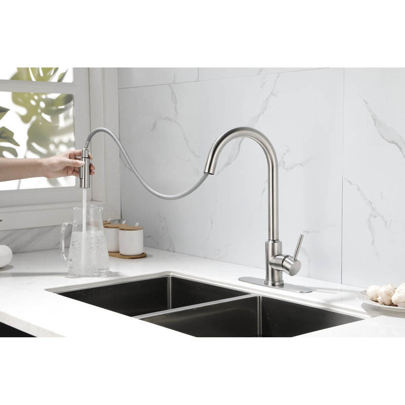Pull Down Kitchen Faucet In Brushed Nickel - Stainless Steel, 360 Rotating Nozzle For Versatile Water Usage, Single Handle Easy Temperature And Flow Control, Corrosion Treatment Finish, Rotatable