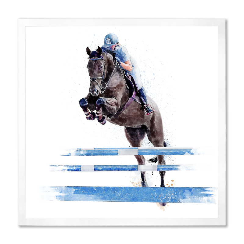 «Jockey» sautant sur un cheval noir - œuvre d'art sur toile, H 36 po x l 36 po x P 1,5 po, Cadre photo blanc
