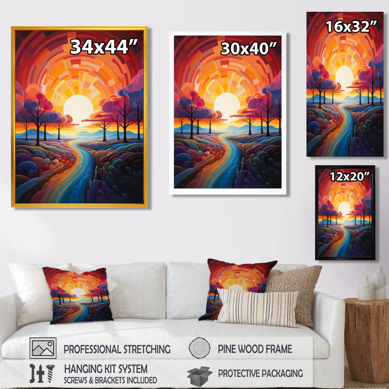 «Geometric Sunset Colorful Country Road - Forest», art mural, H 40 po x l 30 po, Cadre doré flottant, bois massif