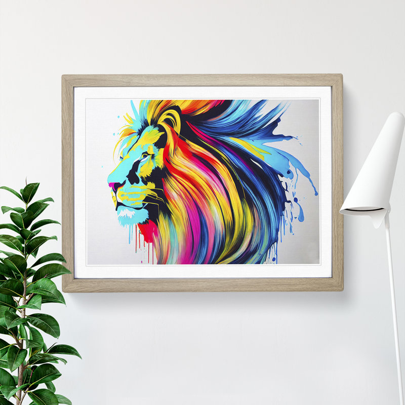 Vibrant Lion Abstract - Framed Print, 46cm H x 64cm W x 2cm D, Oak