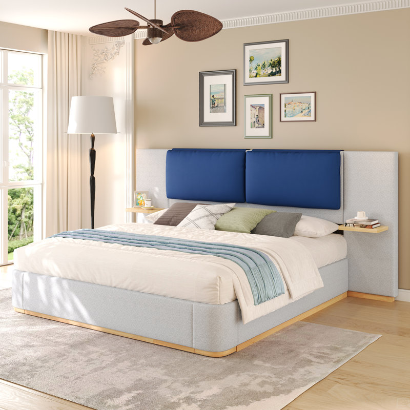 Grand lit plateforme tapissier avec panneau, cadre de lit plateforme, aucun sommier requis, assemblage facile, Gris