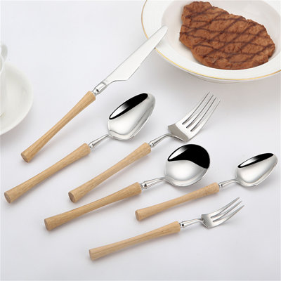 Stainless Steel Flatware Set With Wooden Handles - Knife, Fork, Spoon For Dining
