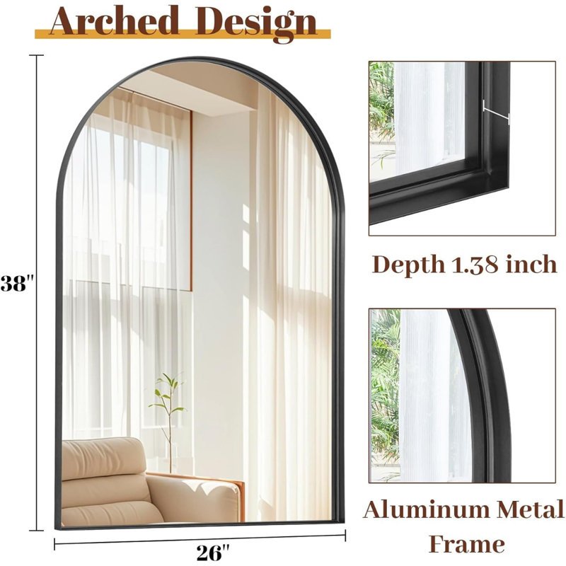26" X 38" Luxury Arched Bathroom Mirror, Wall-Mounted Or Leaning Mirror With Shatterproof Tempered Glass And Deep Metal Frame For Living Room, Dresser, Entrance, And Hallway, Black