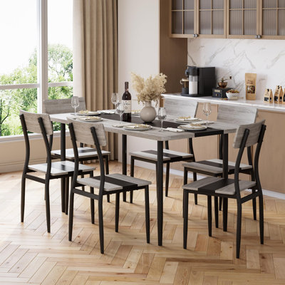 Ensemble de table de salle à manger 7 pièces avec 6 chaises, ensemble de table de cuisine moderne avec plateau en bois épissé et structure en métal, mobilier de salle à manger compact pour petits appartements, coin repas