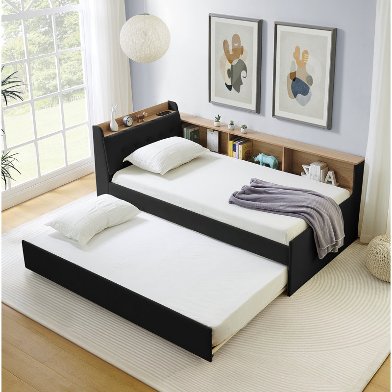 Lit de jour simple rembourré en velours noir avec hauteur ajustable, tête de lit avec rangement, lit gigogne et lit gigogne à chargement sans fil, lumières DEL