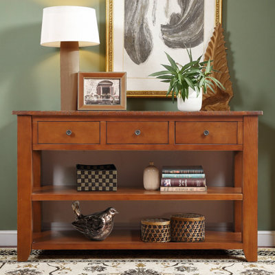 48'' Solid Pine Wood Top Console Table – Modern Entryway Sofa Side Table with 3 Storage Drawers & 2 Shelves, Brown Vintage Design for Living Room or Hallway