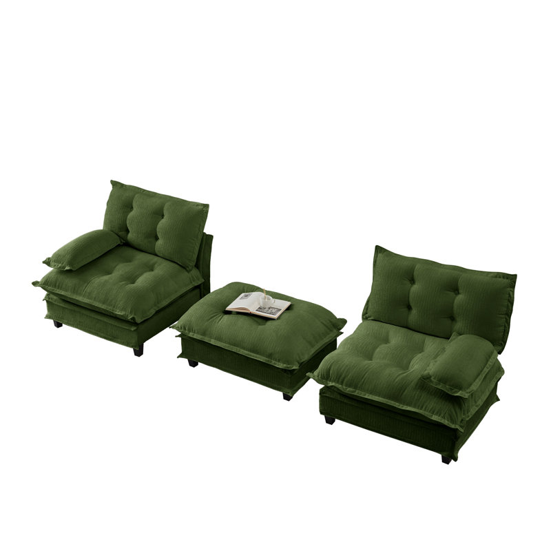 Canapé modulaire 77 po en forme de L en chenille verte avec repose-pieds et canapé modulaire 2 places pour le salon