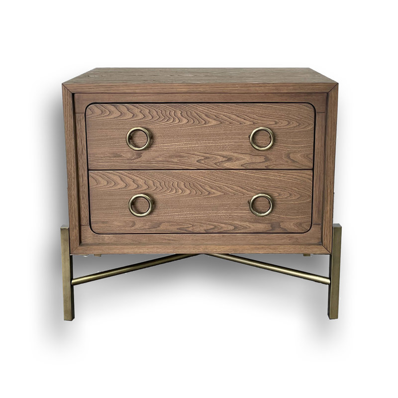 Table de chevet moderne 30 po à 2 tiroirs avec base en métal et ports USB, plateau en feutre et tiroir en cèdre, placages en orme