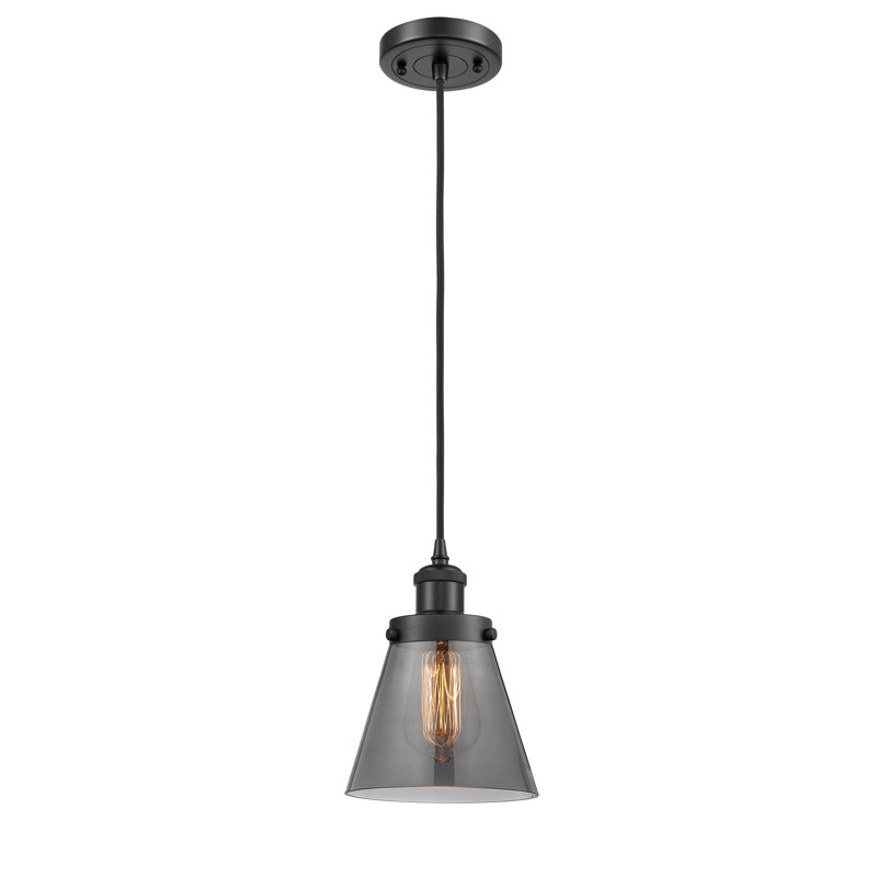 Luminaire suspendu conique à 1 lumière Wilmoth, Noir mat, Ampoule non incluse, Plaqué couleur fumée