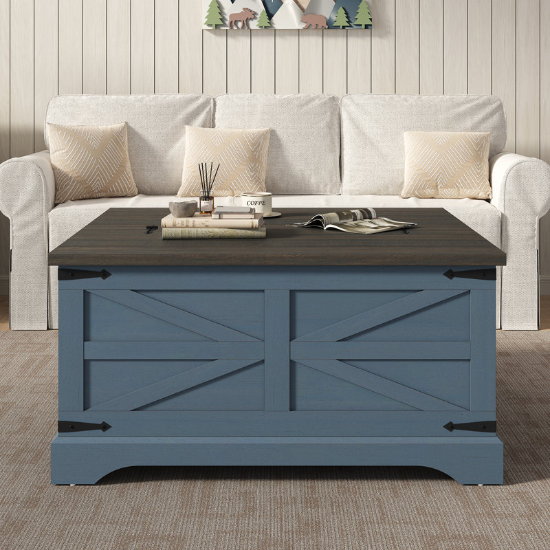 Table basse Jareal, table basse à plateau relevable Farmhouse, table basse carrée avec rangement pour le salon, Brun rustique