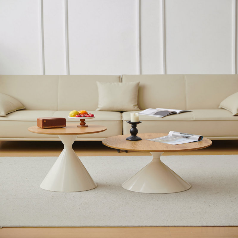 Modern White & Wood Round Coffee Table for Living Room