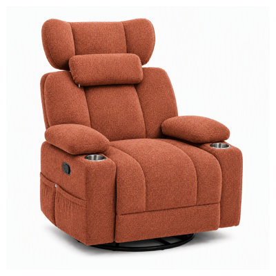 Extra Manual Rocking Recliner with 360-Degree Swivel Base and Detachable Neck Pillow in Orange and Dark Brown Chenille