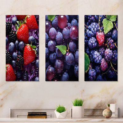 «Vibrant Violet», ensemble de 3 reproductions d'art en métal sur fond de fruits