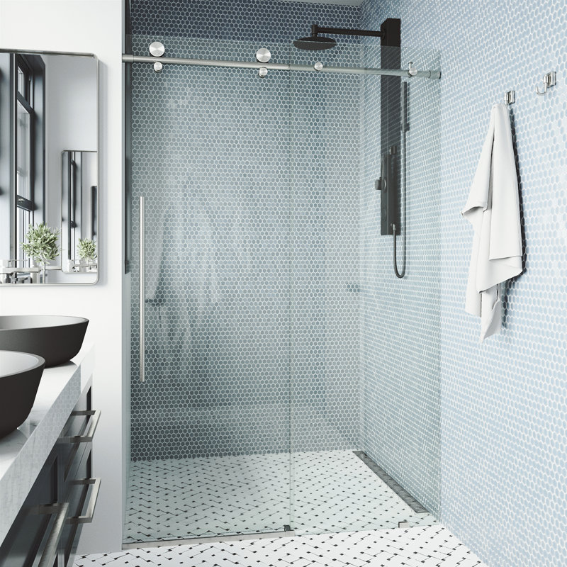 Porte de douche coulissante sans cadre avec verre transparent 3/8 po de l 68 à 72 po x H 76 po Elan, Acier inoxydable