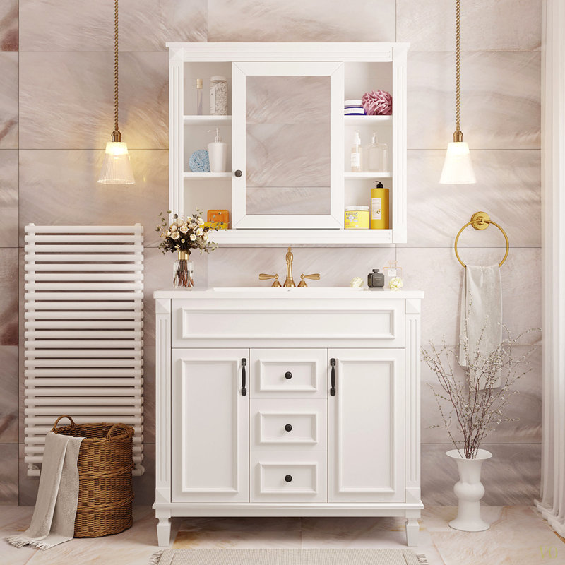 Meuble-lavabo de 36 po avec lavabo supérieur, armoire à miroir, armoire de rangement moderne avec 2 portes à fermeture douce et 2 tiroirs, meuble-lavabo simple