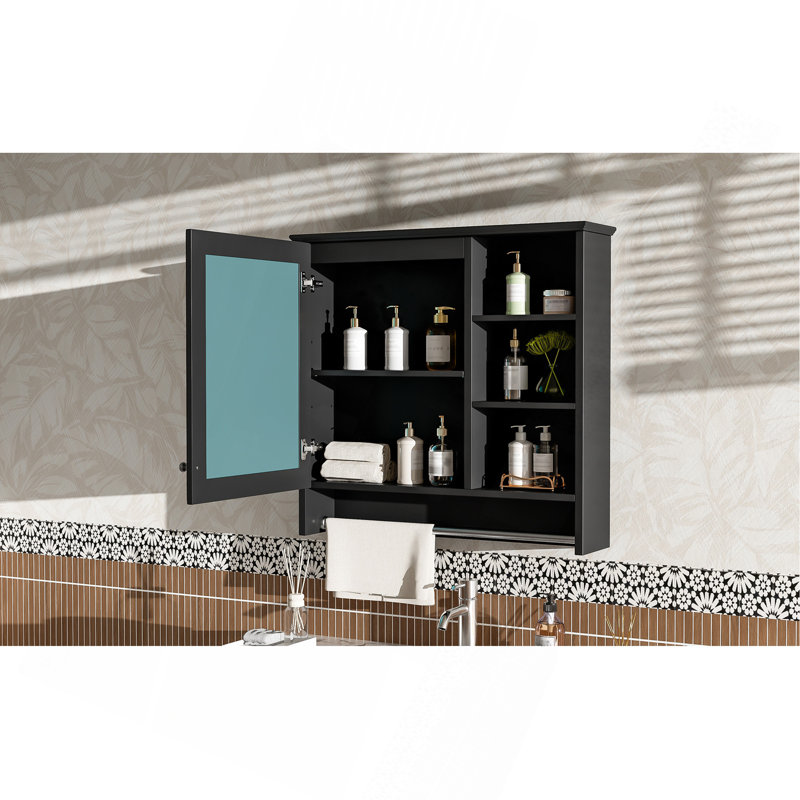 Wall-Mount 2-In-1 Mirror Cabinet With Adjustable Shelf, Accent Cabinet, Black