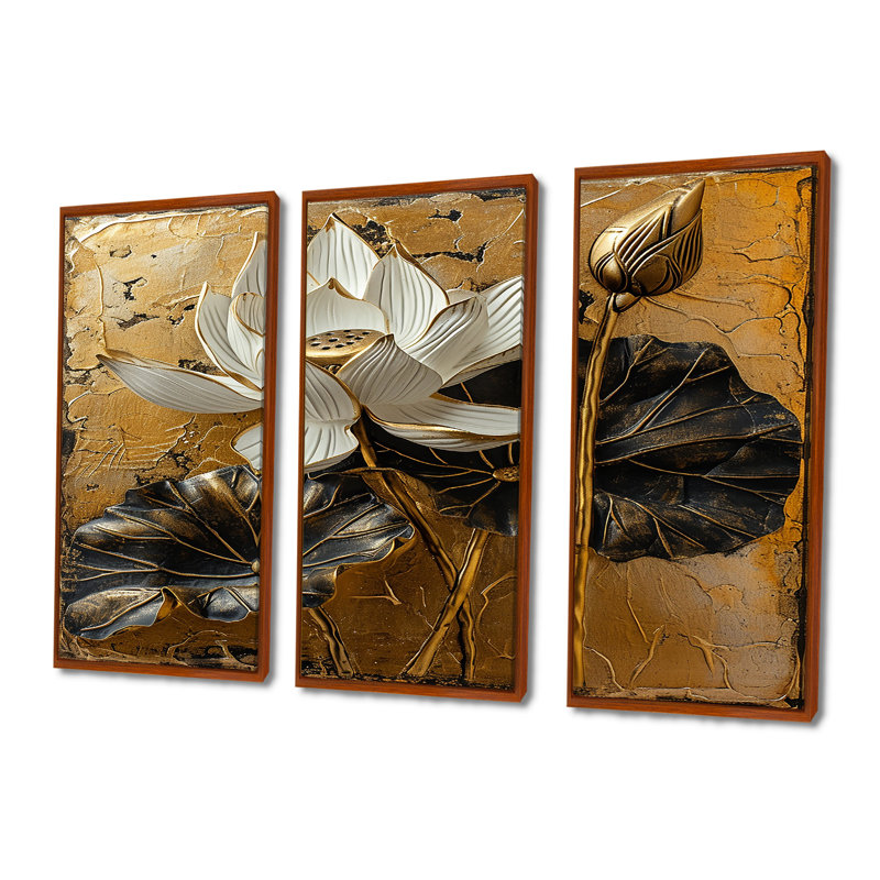 Boncelles - lot d'art mural lotus, H 28 po x l 36 po x P 1 po, Cadre flottant brun