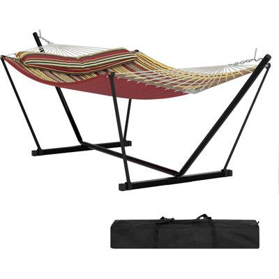 2-Person Heavy Duty Outdoor Hammock with Stand, Portable Double Hammock with Hardwood Spreader Bar, Pillow & Ropes
