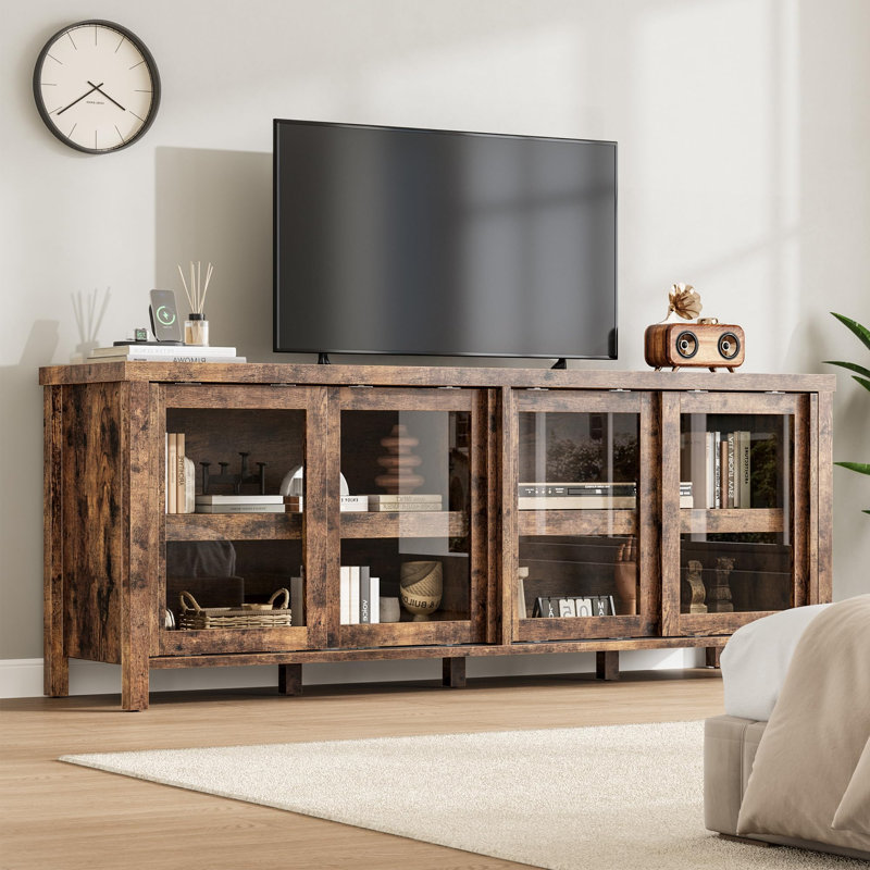 Modern TV Stand for 65 Inch - Entertainment Center with Storage Cabinet, 4 Sliding Glass Doors, Mid Century Media Console Table for Living Room
