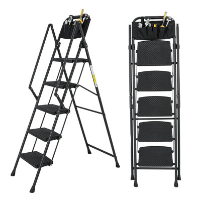 5-Step Steel Folding Step Stool Ladder With Removable Tool Bag, Black