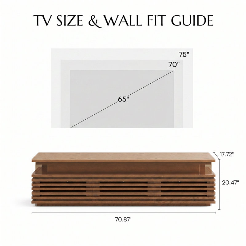 Meuble télé 71 po à lattes horizontales avec lumières DEL réglables, console multimédia moderne Mid-Century, rangement ventilé, noyer, pour téléviseur de 65 po, entièrement assemblé