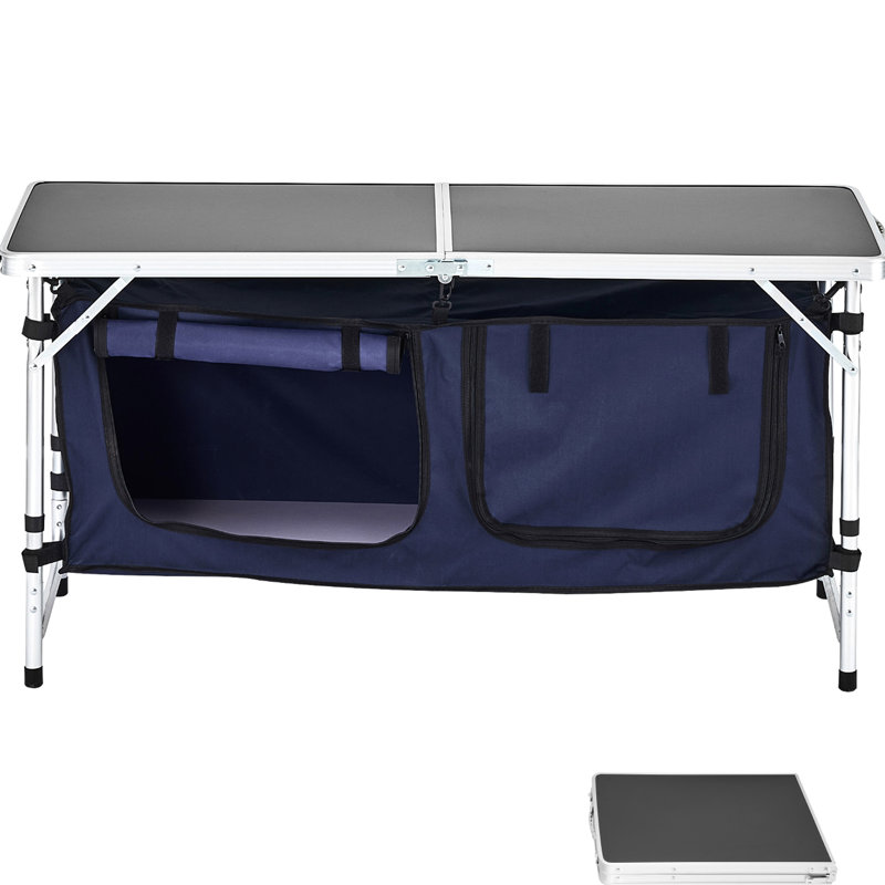 Station de cuisson portative, 3 hauteurs réglables, aluminium et plastique, bleue, table de cuisine de camping optimisant l'espace extérieur avec hauteur réglable, structure, cuisson, rangement