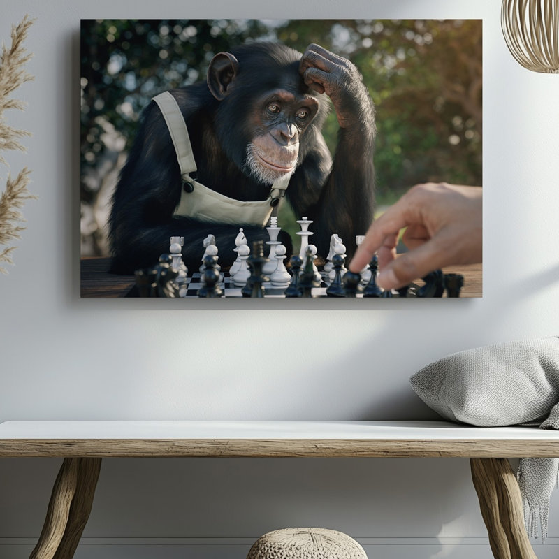 Toile dans une scène en noir et blanc frappante, art mural contemplatif d'un chimpanzé assis sur un échiquier