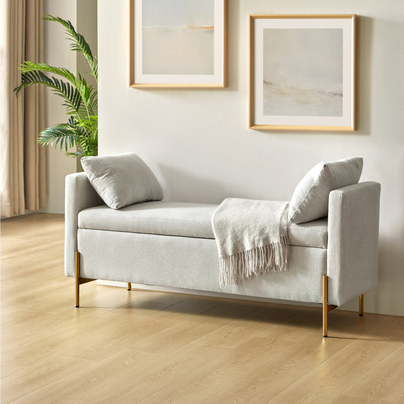Louvenia 127cm Upholstered Flip Top Bench With Subdivided Storage and Toss Pillows, Grey