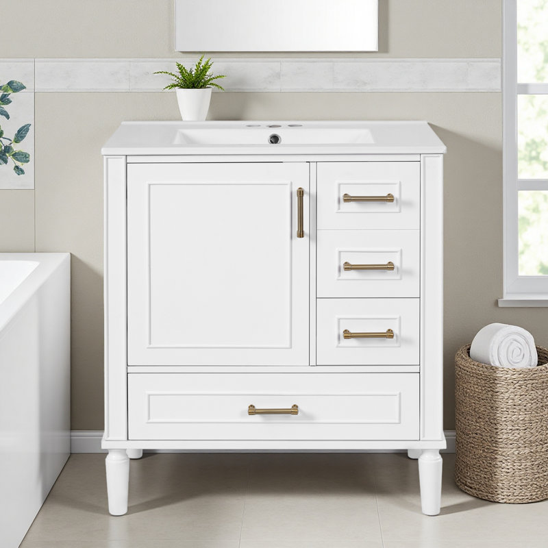 Meuble-lavabo en céramique de 30 po, porte à fermeture douce et 3 tiroirs, conception de drain de débordement, autoportant, pour les petits espaces