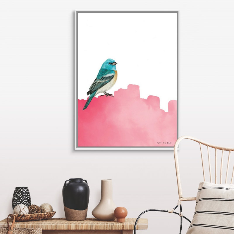 Oiseau sur Rose-reproduction d’art sur toile, Cadre blanc, H 42 po x l 32 po x P 1,75 po