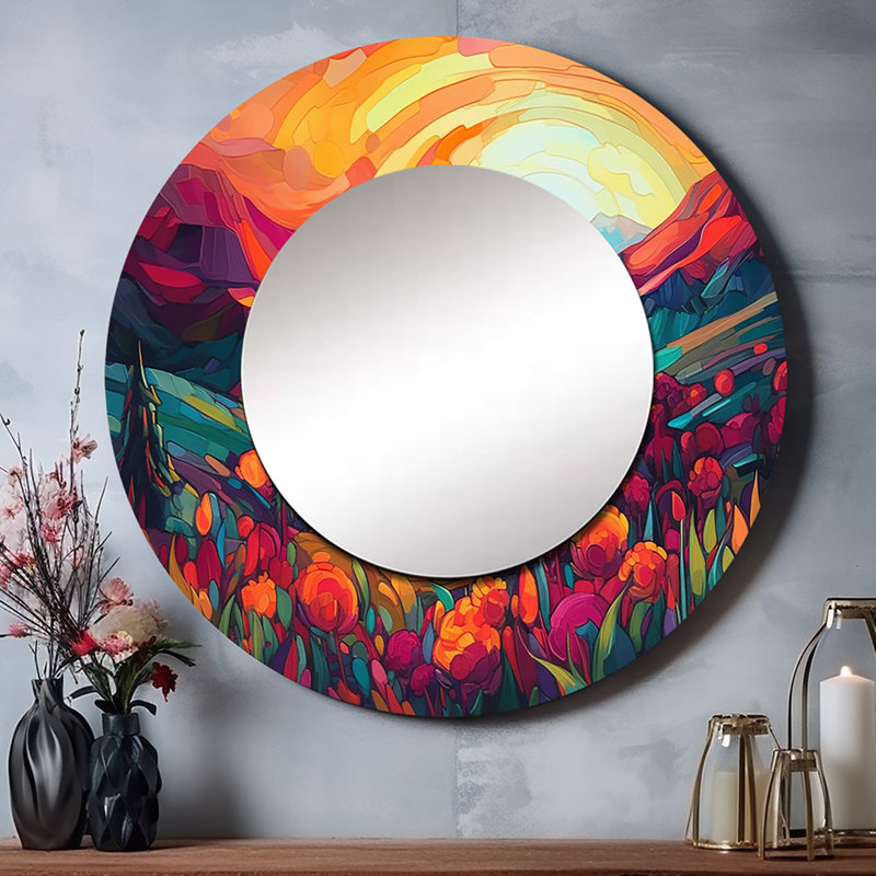 Pavlína Vibrant Sunset Shining Over Mountains I - Mountains Unique Wall Mirror, Orange Round Mirror, Printed Metal Art