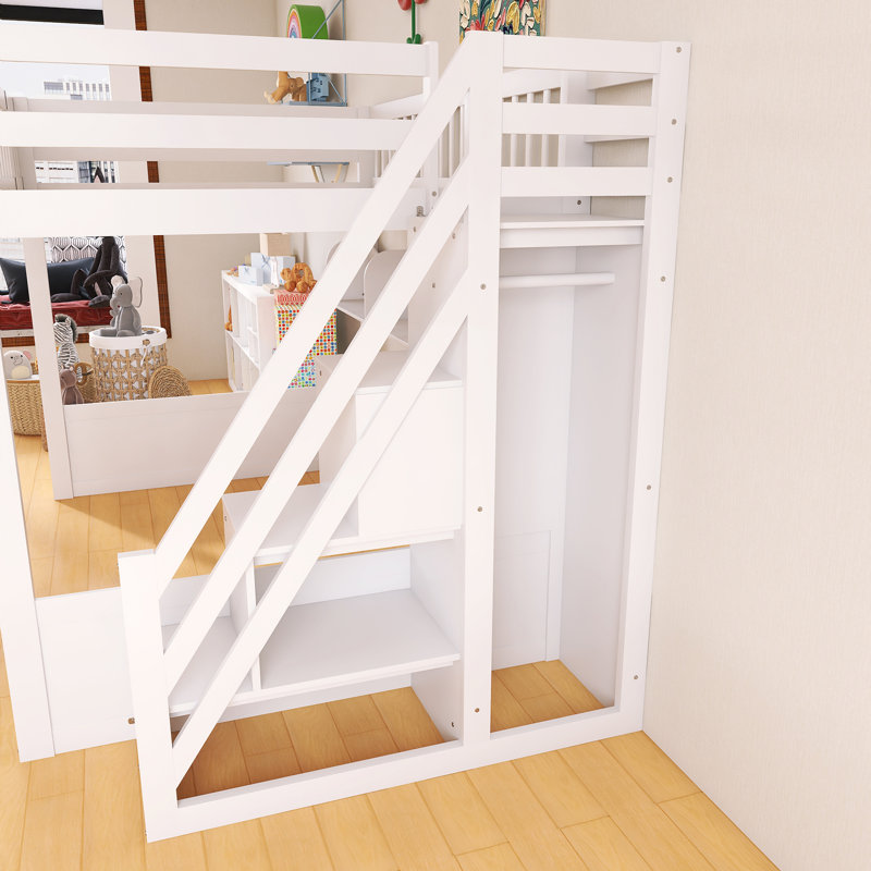 Lit mezzanine grand avec cadre en bois avec escalier, tablettes et garde-robe, White