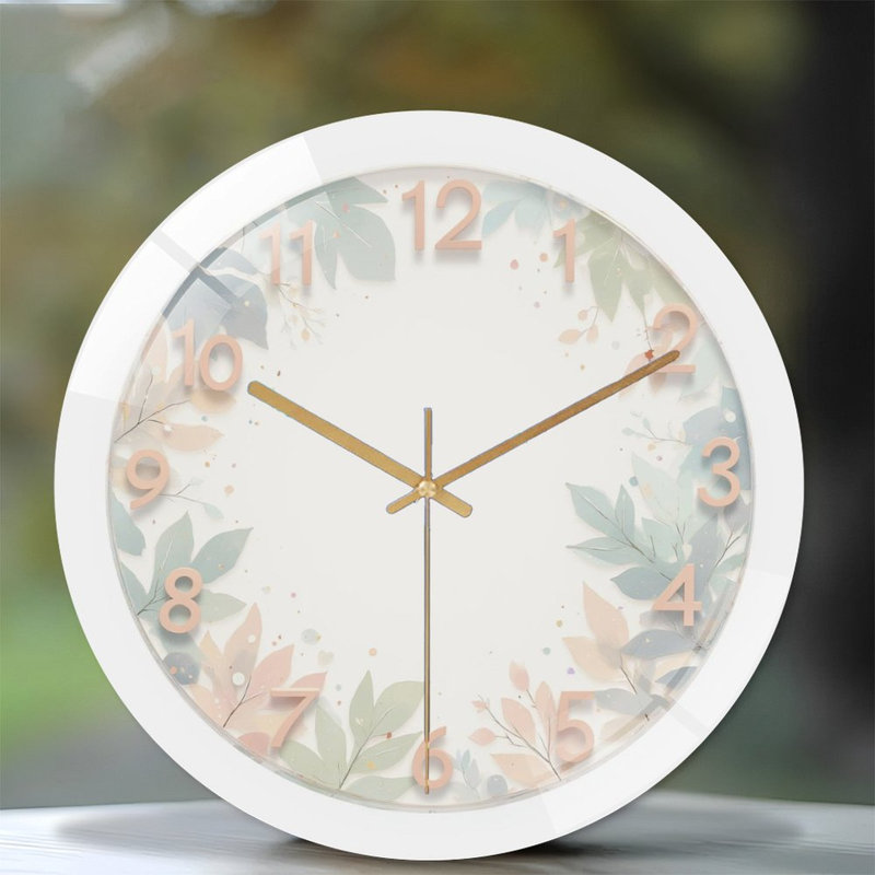 Clock-Face-With-Pastel-Leaves Art - 12'' Modern Glass Wall Clock