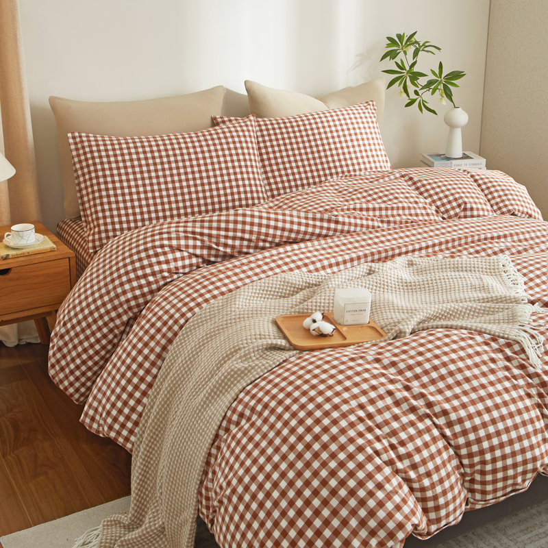 Ensemble de housse de couette en vichy 100% coton délavé à carreaux XINMIANFANG Gingham, Orange brûlé / blanc