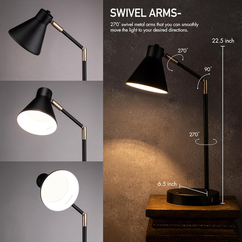 Lampe de bureau à DEL avec deux ports de charge USB, Noir, noir, noir, noir