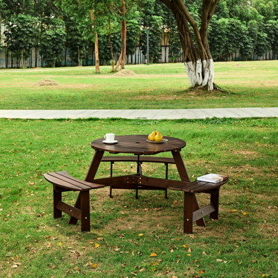 Table de pique-nique brune pour 6 à 3 bancs encastrés, trou de parasol, bord lisse, bancs de personnes
