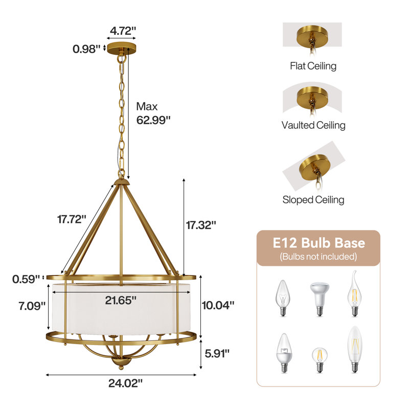 24 Inch Modern Drum Pendant Light With Adjustable Chain, Fabric Chandelier