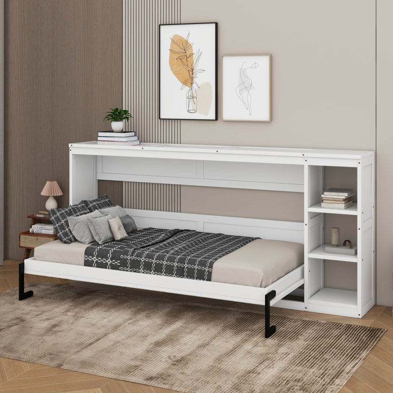 Lit escamotable simple avec bibliothèque, Simple, Blanc