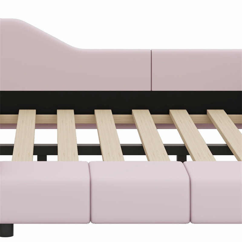 Upholstered Grounded Bed, Child Bed With Bedside Desk And Little Round Stool, Queen, Pink