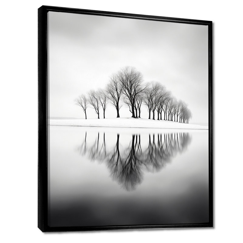 «Black Winter Tree Silhouettes On Lake Island - River», art mural, H 40 po x l 30 po, Cadre flottant noir, bois massif