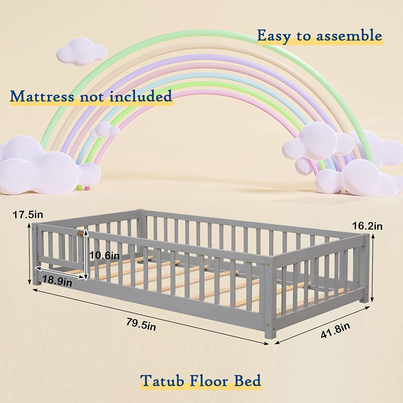 Twin Size Floor Bed With Safety Guardrails And Door And Slats, Toddler Floor Bed Frame For Girls And Boys, Twin, Gray