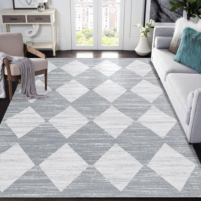 Washable Runner Rug, Modern Checkered, Non-Slip, Soft Carpet for Hallway, Kitchen, Bathroom, Black, Rectangle 8' x 10'