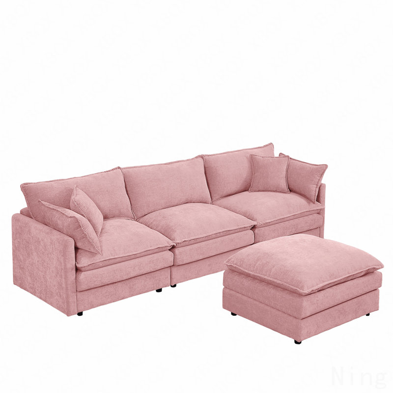 3-Seater Modular L-Shaped Chenille Sectional Sofa with Removable Ottoman - Pink, Pink